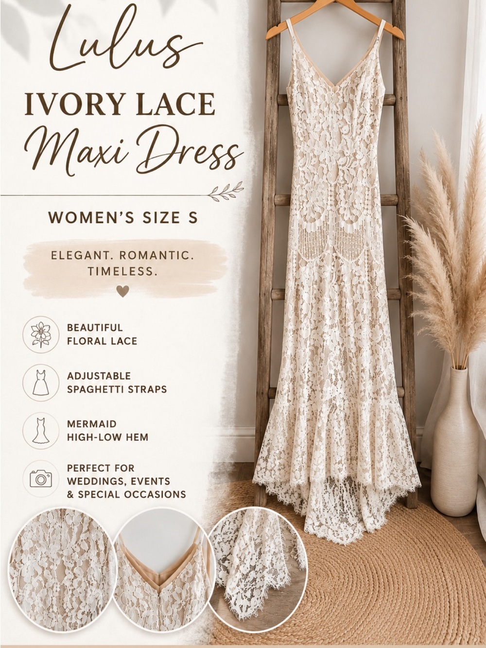 Lulu's Ivory Lace Mermaid Maxi Dress with Spaghetti Straps
